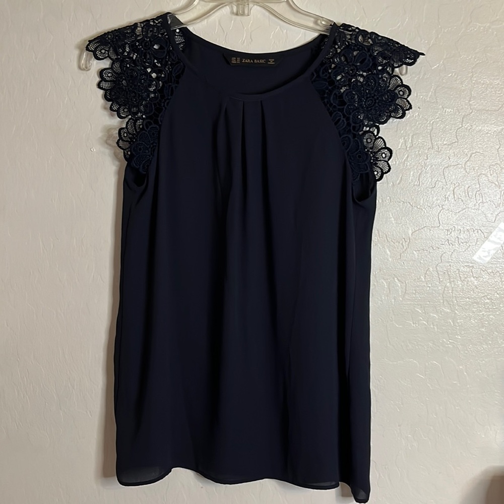 ZARA Lace Cap Sleeve Blouse Navy Blue XS